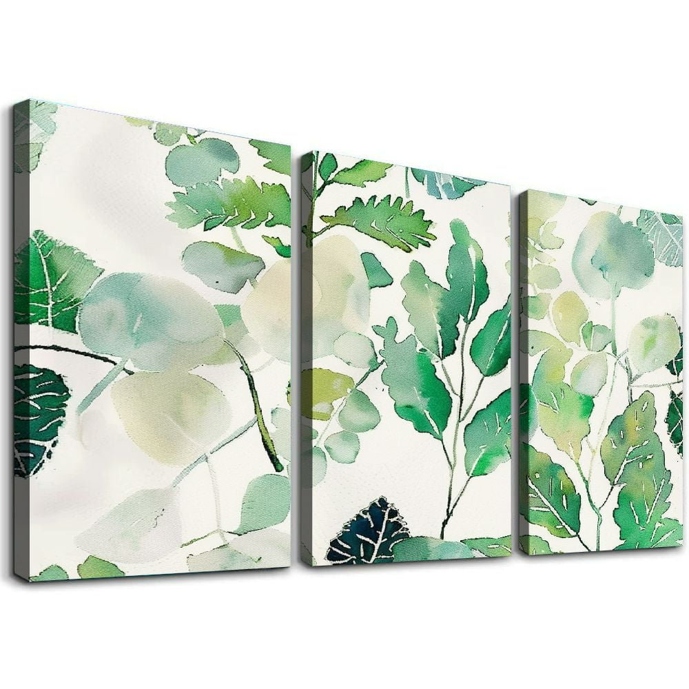 Shadudu Green Leaf Pattern Canvas Wall Art Set Abstract Triptych for
