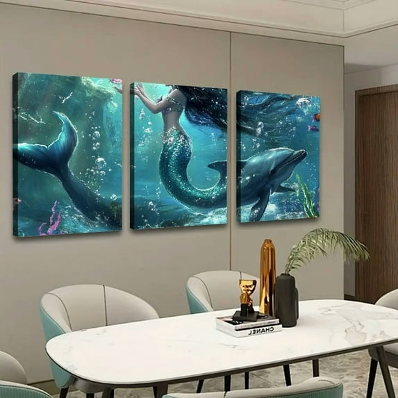 Shadudu Mermaid Dolphin Ocean Canvas Wall Art 3-Piece Large Size Unframed Artwork 16x24 Inches Modern Decor 16x24x3pcs