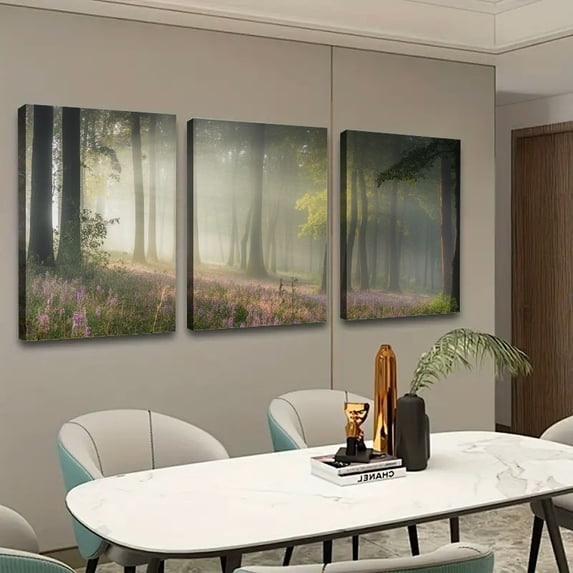Shadudu Misty Forest with Tall Tree_3 Triptych Canvas Print 16x24in 3pc Ready To Hang Room Home Art Decor 16x24x3pcs