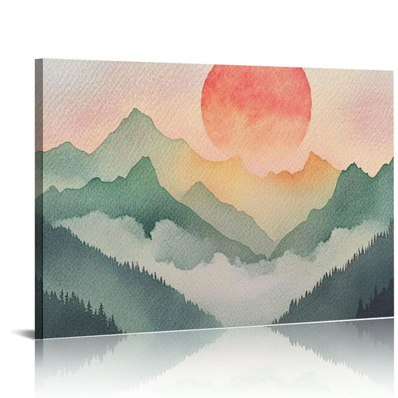 Shadudu Mountains Red Sun Watercolor Painting Canvas Prints Wall Art 36x24 Inch Waterproof Luxury Artwork for Home Decor 36x24in