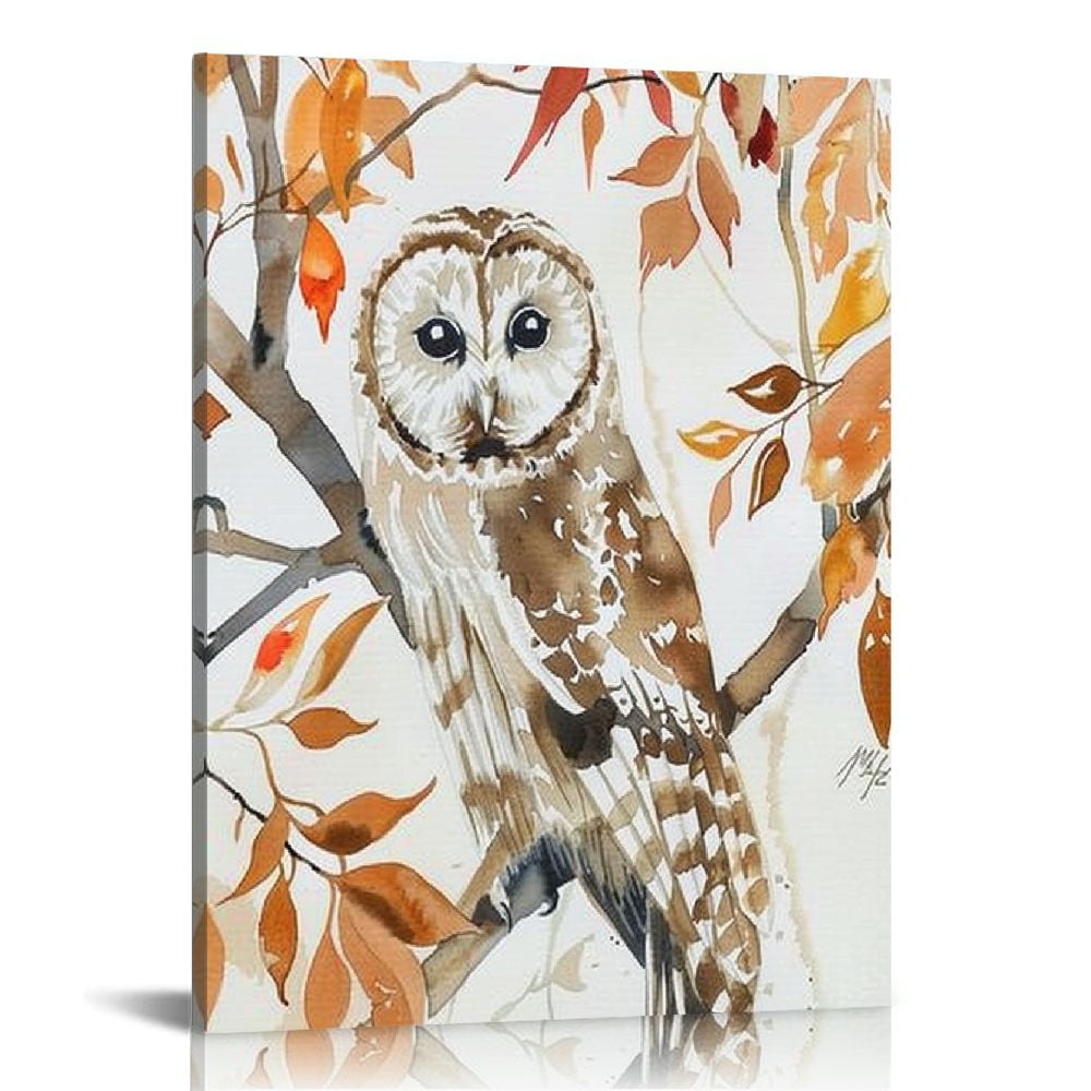 Autumn Forest Owl Watercolor Canvas Wall Art, 16x20-inch