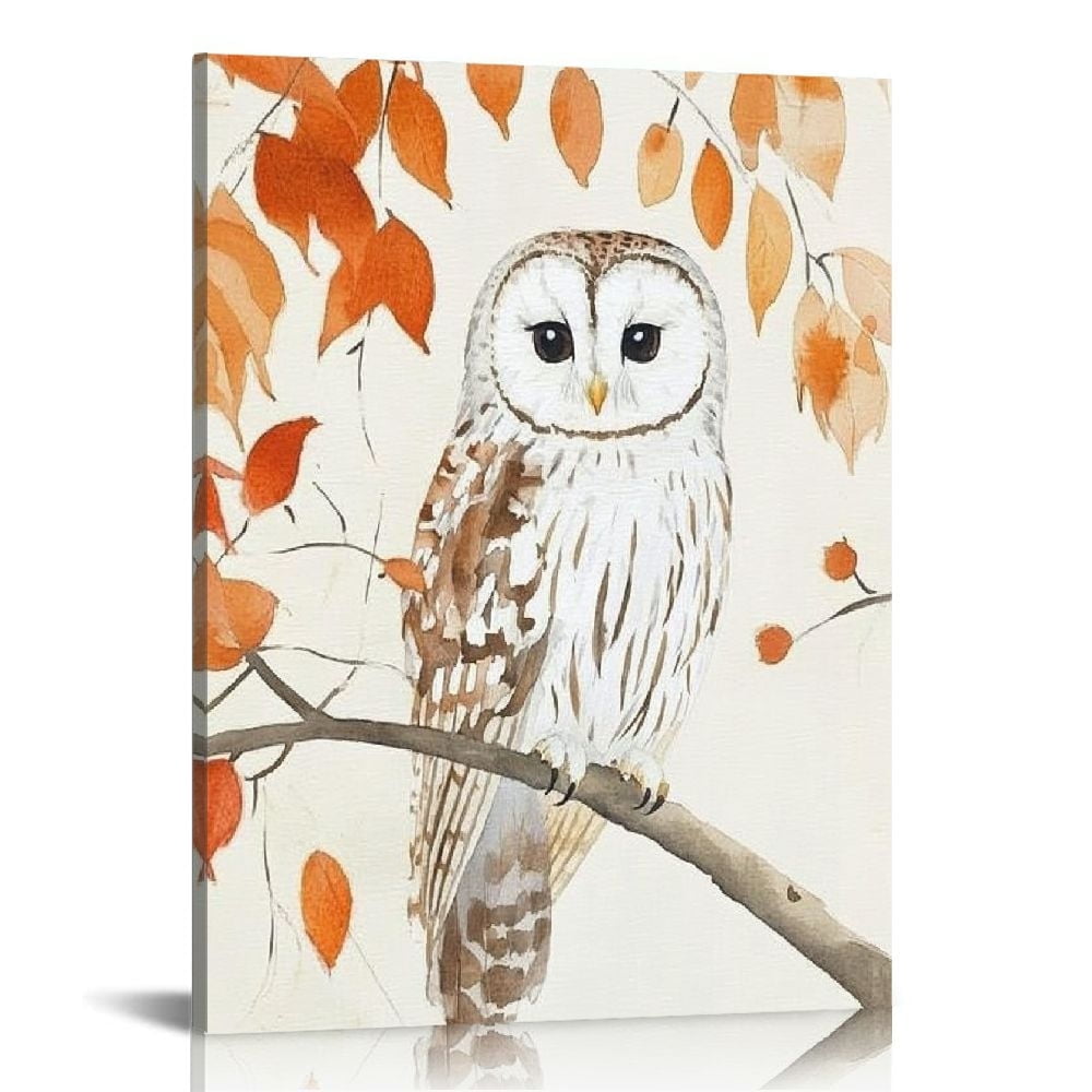Autumn Forest Owl Watercolor Canvas Wall Art, 16x20-inch
