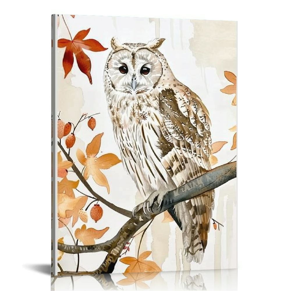 Autumn Forest Owl Watercolor Canvas Wall Art, 16x20-inch