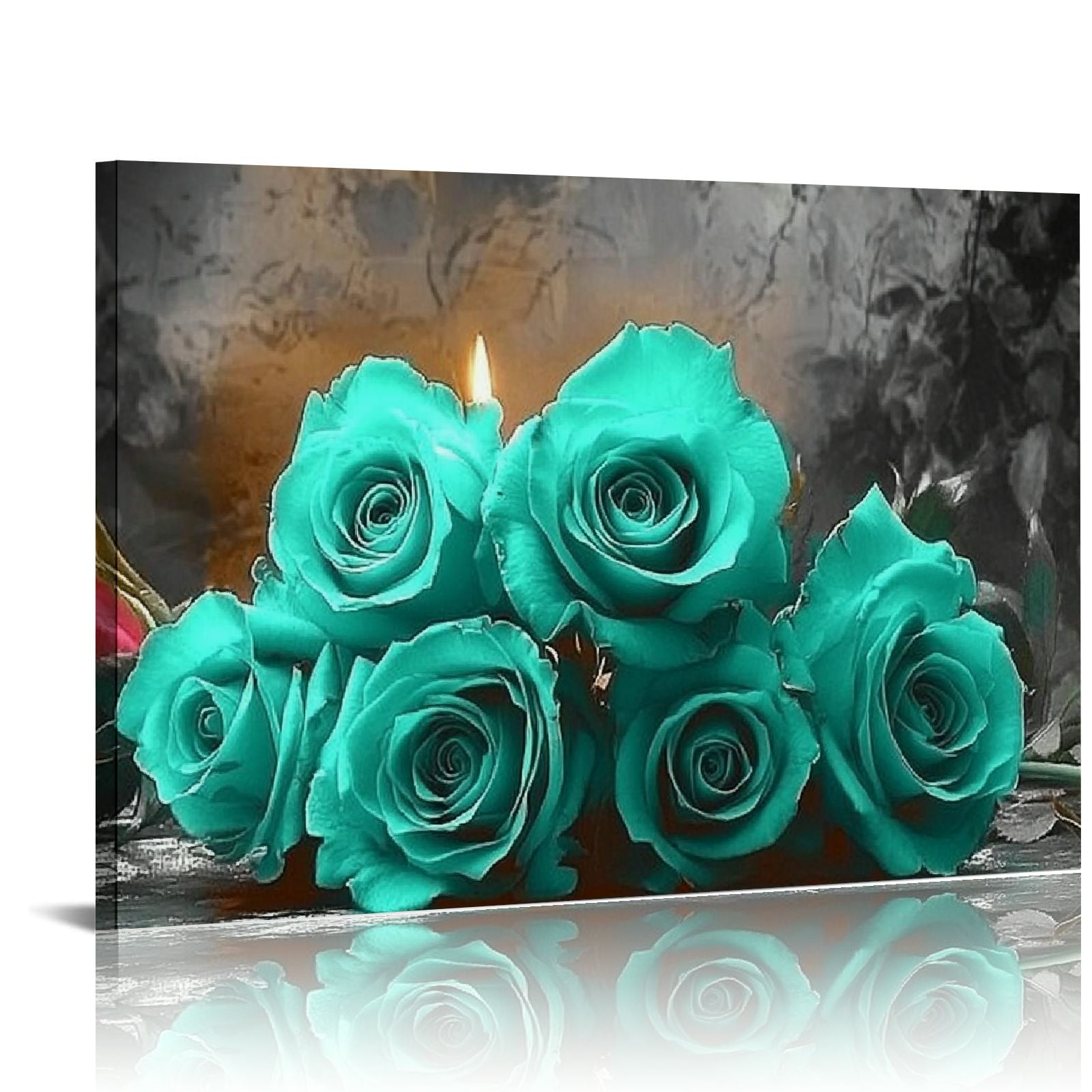 Shadudu Teal Rose Flower Picture Decor Wall Art Canvas Print Black and