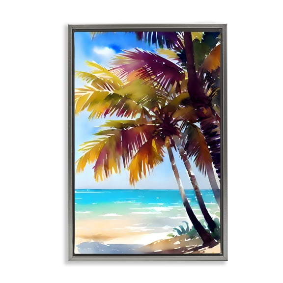 Stupell Industries Shady Beach Palm Leaves Gray Framed Floater Canvas Wall Art, design by LSR Design Studio, 25 x 17