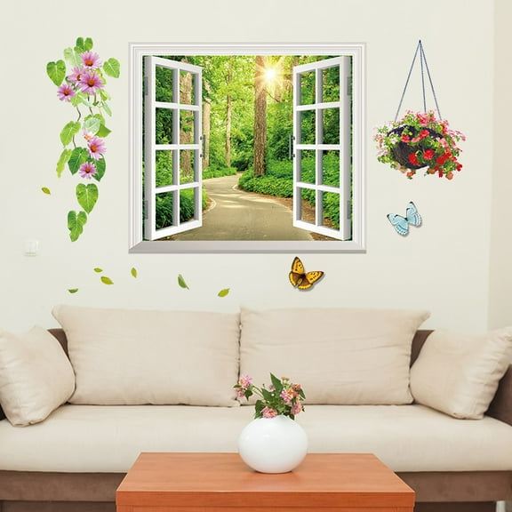 Shady Lane Faux Window Wall Decal - Rustic Countryside Window View Wall Sticker for Home Decor, Wall Hanging, and Background Decoration - Model DLX1141