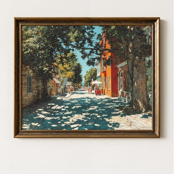 Shady Scene Small City Wall Art, Print Poster Urban Landscape, Vintage Charm, Cottagecore Wall Decor, , Colorful Summer Art 233, Size 8x12 UNFFRAMED F03.1.6l3304