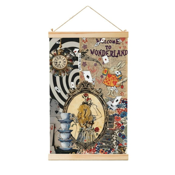 Shaft Hanging Banner Alice in Wonderland Poster Wall Canvas Artwork With Wooden Frame Scroll Painting 12"x18"