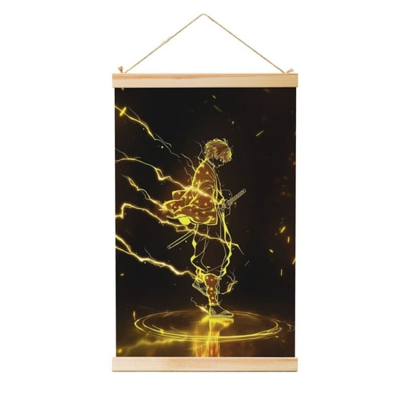 Shaft Hanging Banner Demon Slayer Agatsuma Zenitsu Poster Wall Canvas Artwork With Wooden Frame Scroll Painting 20"x30"