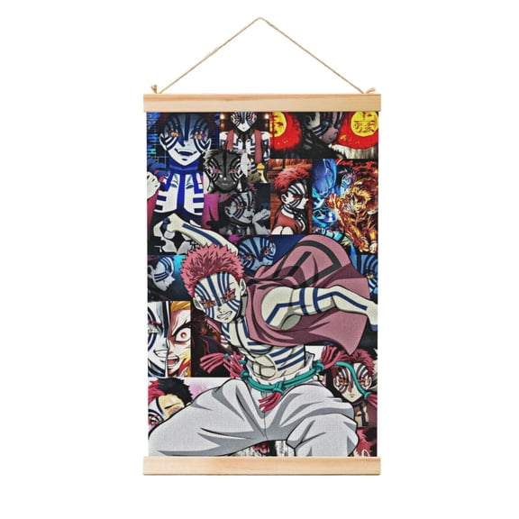 Shaft Hanging Banner Demon Slayer Akaza Poster Wall Canvas Artwork With Wooden Frame Scroll Painting 16"x24"