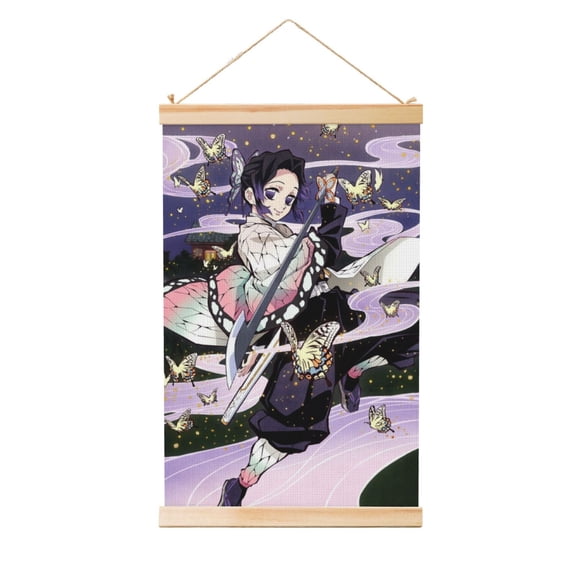 Shaft Hanging Banner Demon Slayer Kochou Shinobu Poster Wall Canvas Artwork With Wooden Frame Scroll Painting 12"x18"