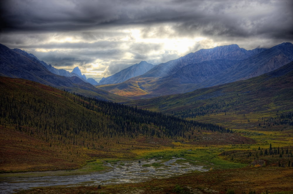 Shaft Of Sunlight Hitting The North Klondike Valley Along The Dempster Highway Yukon Canvas Art - Robert Postma Design Pics (17 x 11)