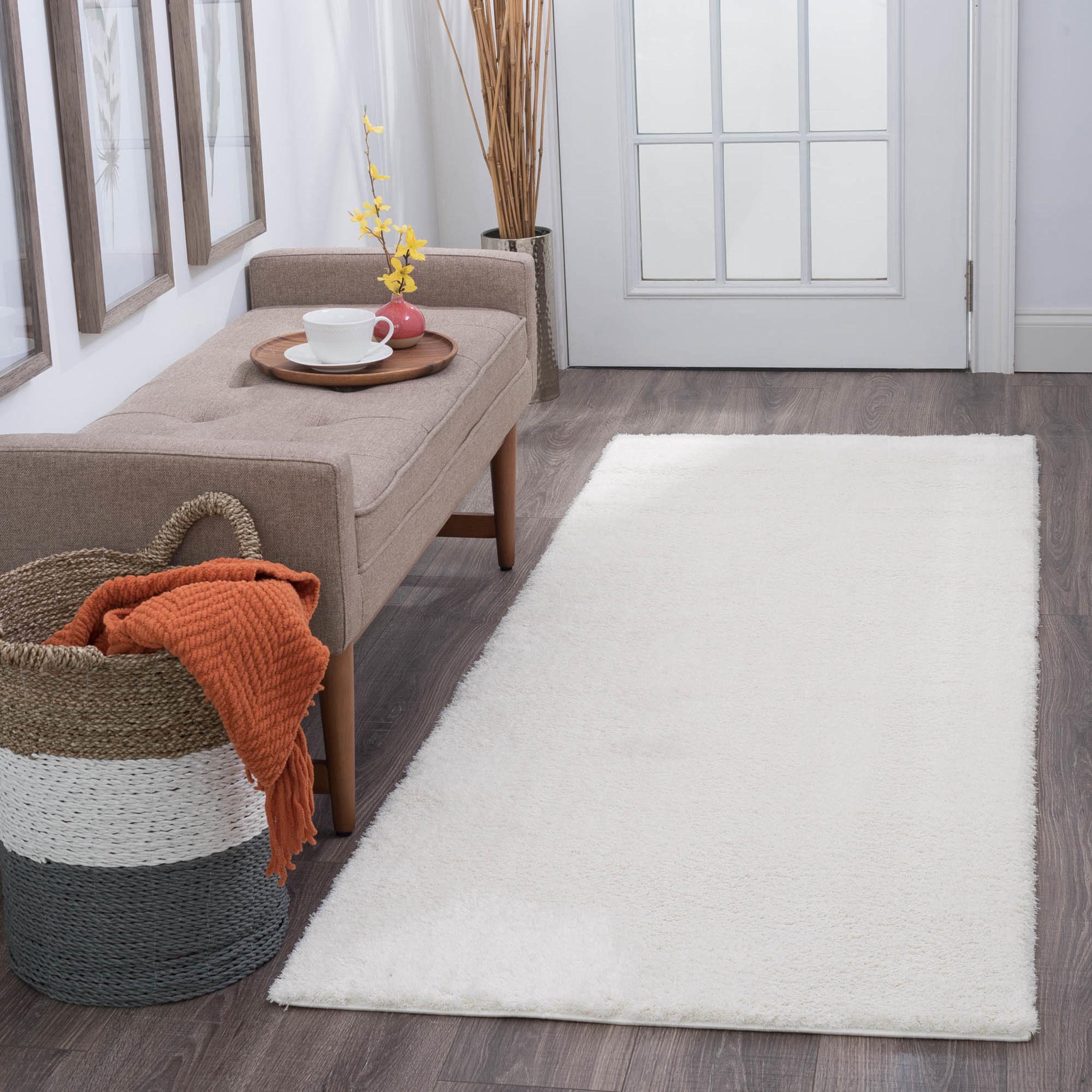 Shag 3x8 Area Rug Thick (2'7'' x 7'3'') Solid Cream Indoor Runner Easy to Clean