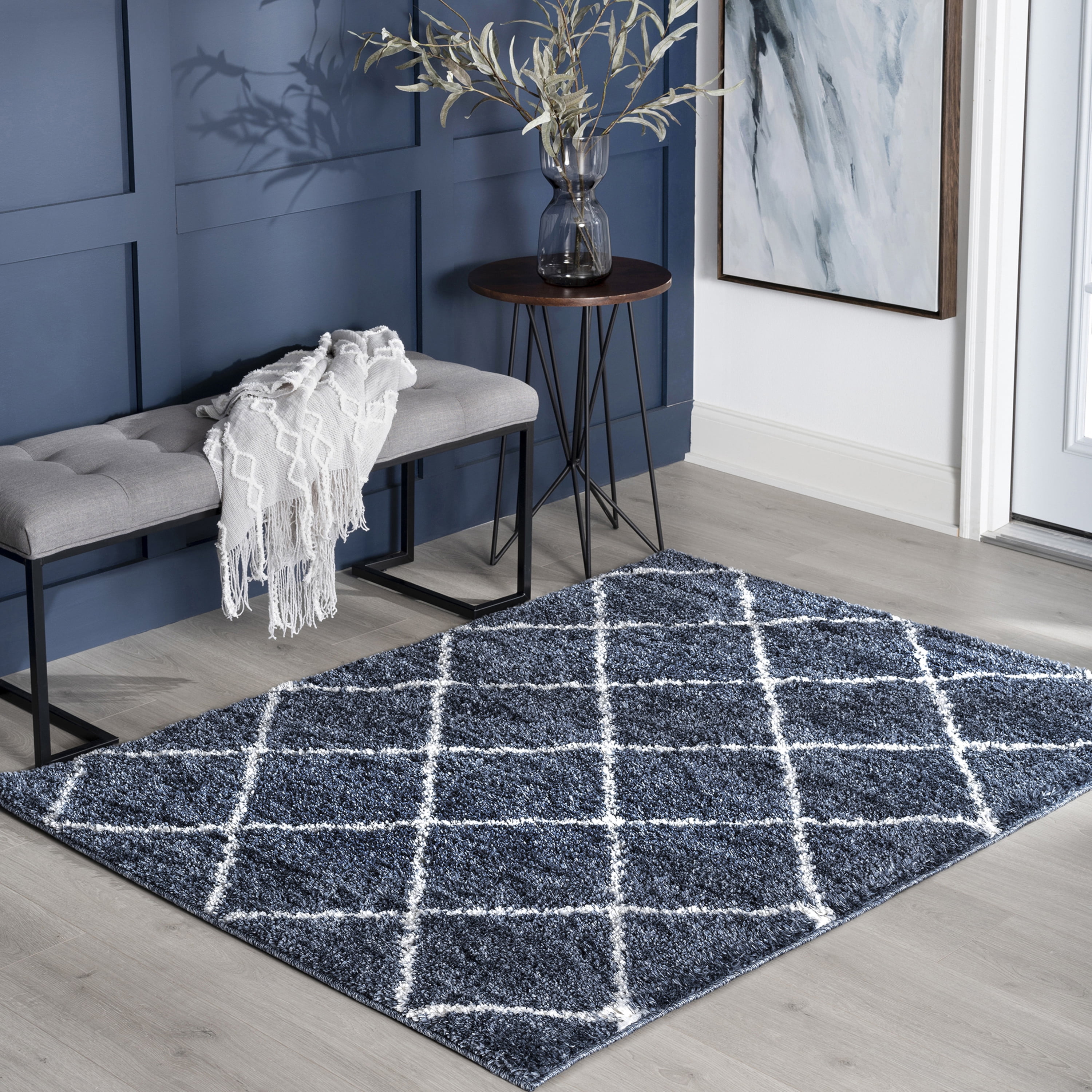 Shag 4x6 Area Rug Thick (3'11'' x 5'3'') Geometric Blue, Cream Indoor Rectangle Easy to Clean