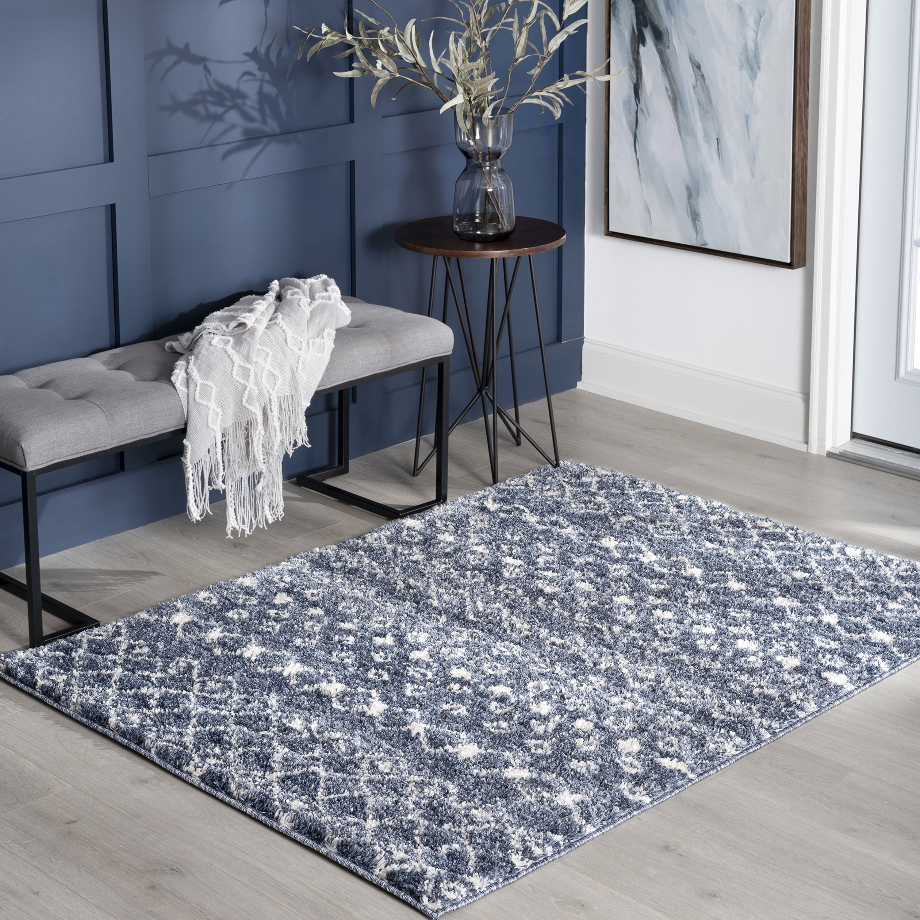 Shag 4x6 Area Rug Thick (3'11'' x 5'3'') Geometric Blue, Cream Indoor Rectangle Easy to Clean