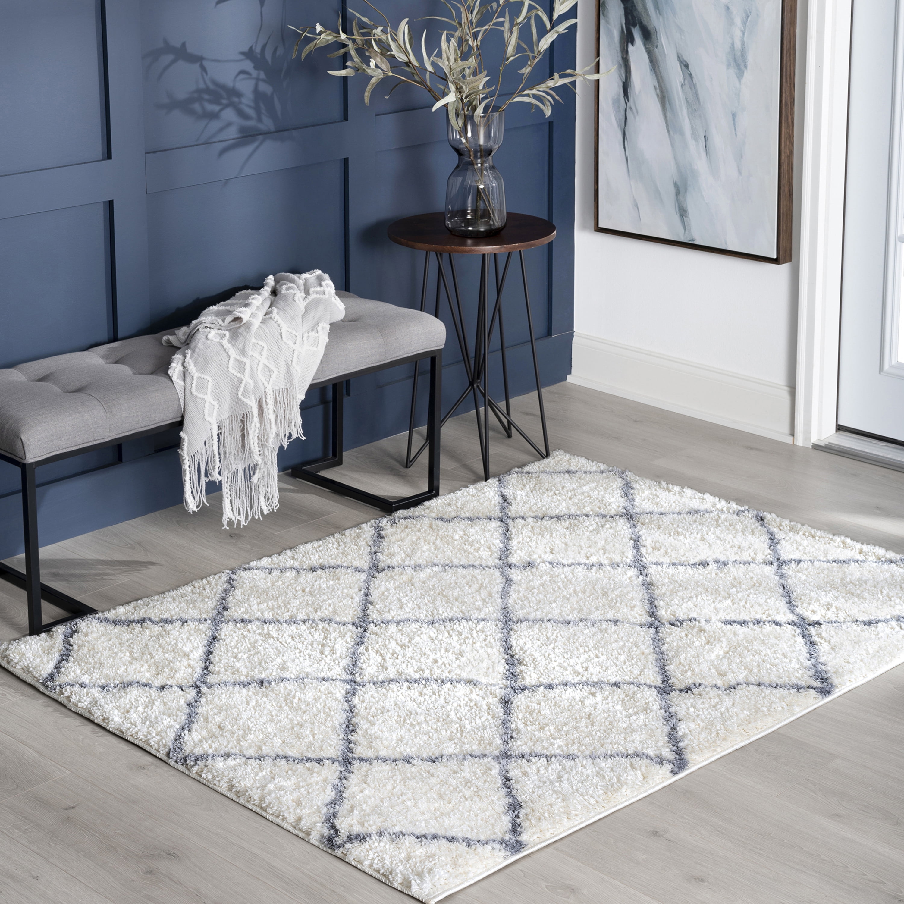 Shag 4x6 Area Rug Thick (3'11'' x 5'3'') Geometric Cream, Dark Gray Indoor Rectangle Easy to Clean