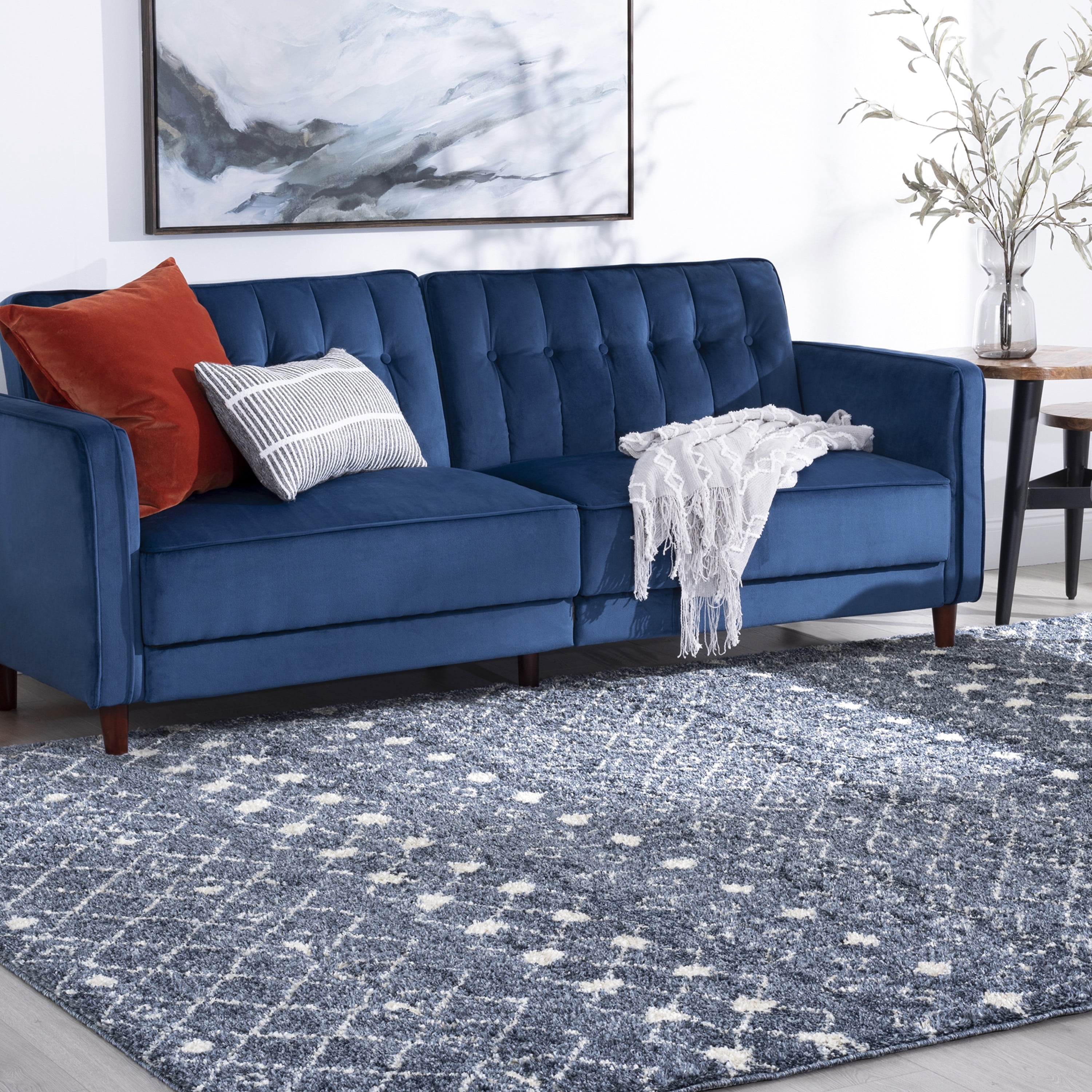 Shag 5x8 Area Rug Thick (5'3'' x 7'3'') Geometric Blue, Cream Living Room Easy to Clean