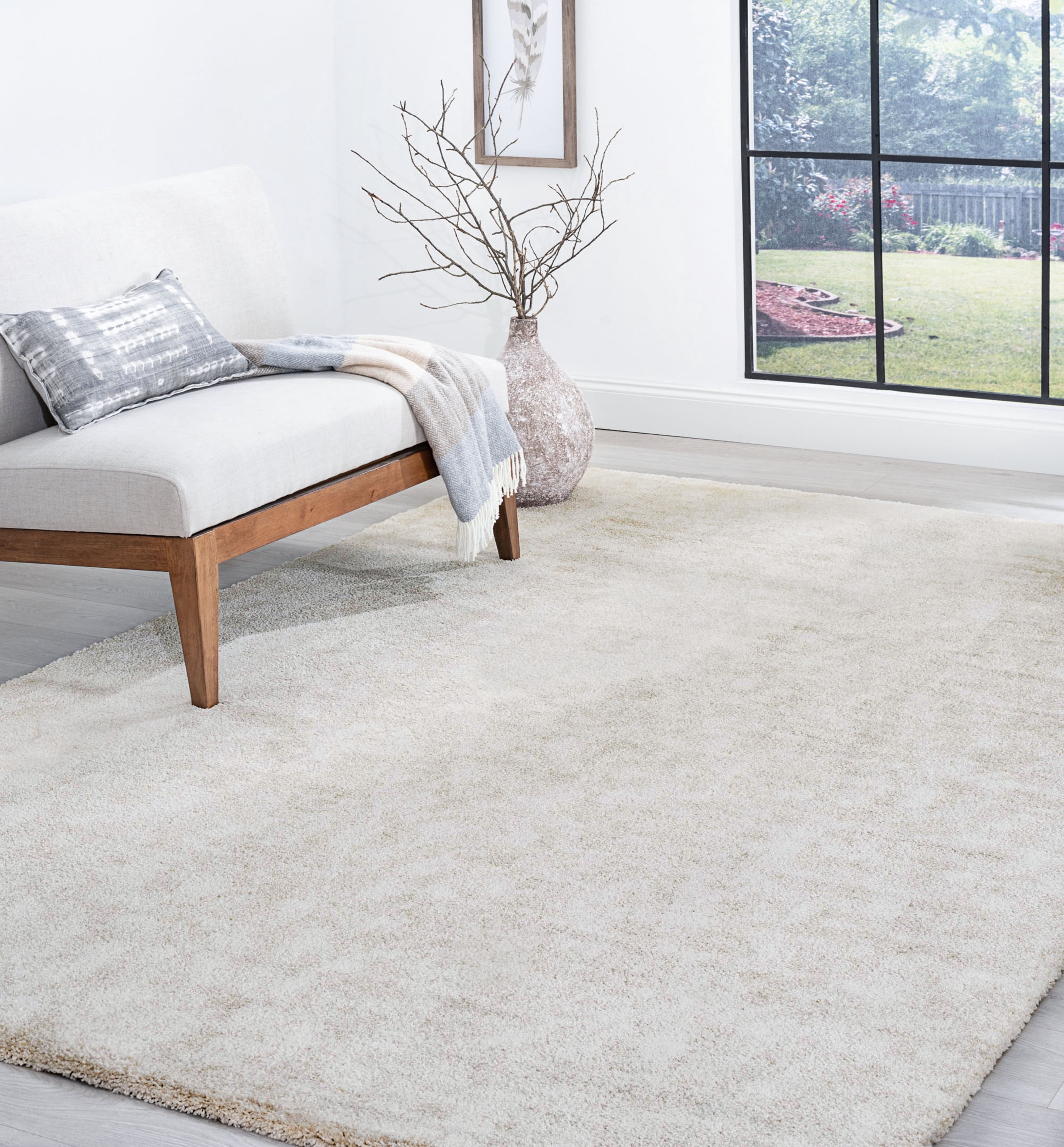 Shag 6x8 Area Rug Thick (5'6'' x 7'10'') Solid Cream Living Room Easy to Clean