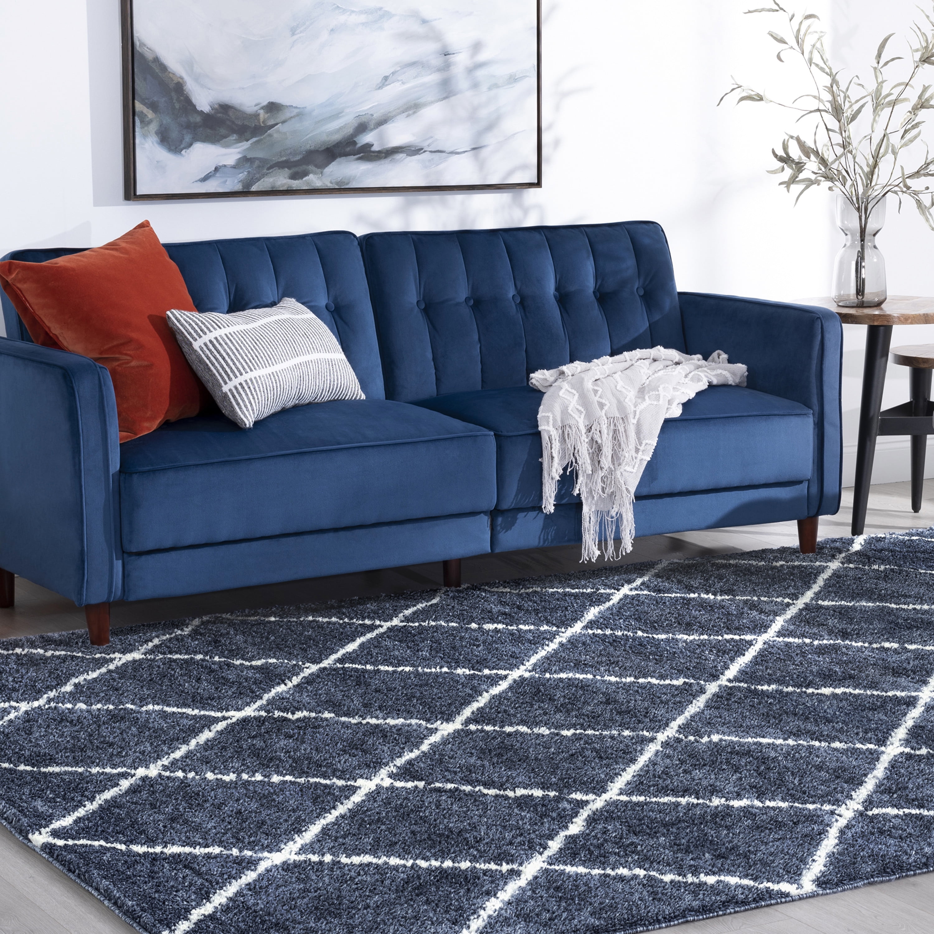Shag 8x10 Area Rug Thick (7'10'' x 10'2'') Geometric Blue, Cream Living Room Easy to Clean