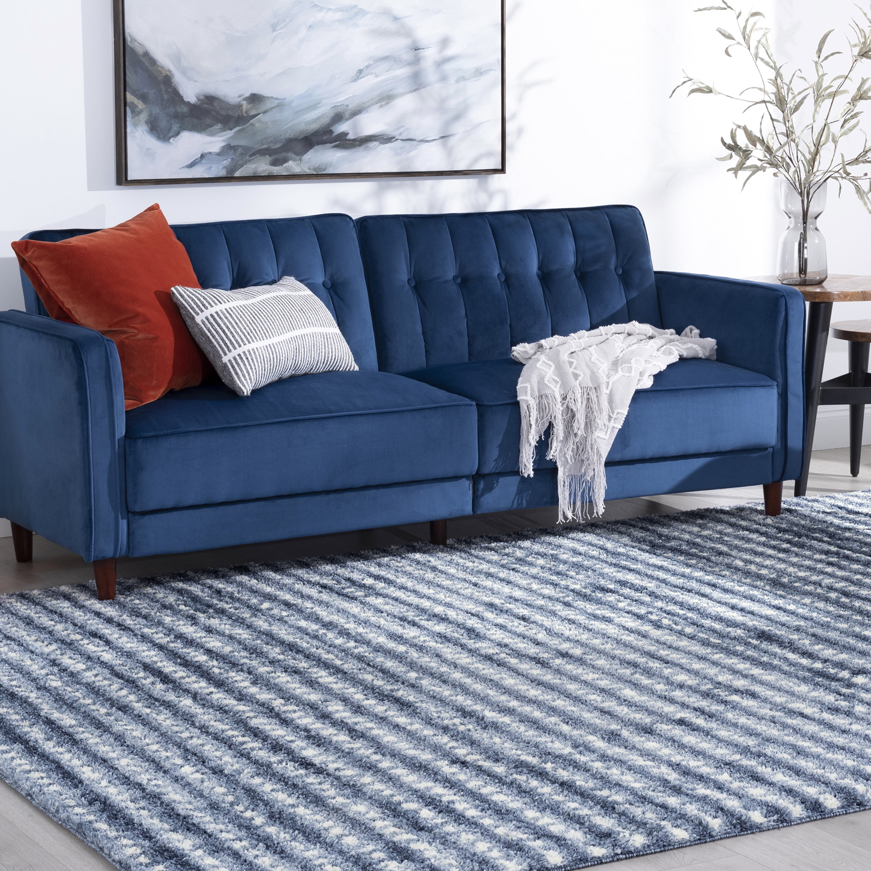 Shag 8x10 Area Rug Thick (7'10'' x 10'2'') Stripe Blue, Cream Living Room Easy to Clean