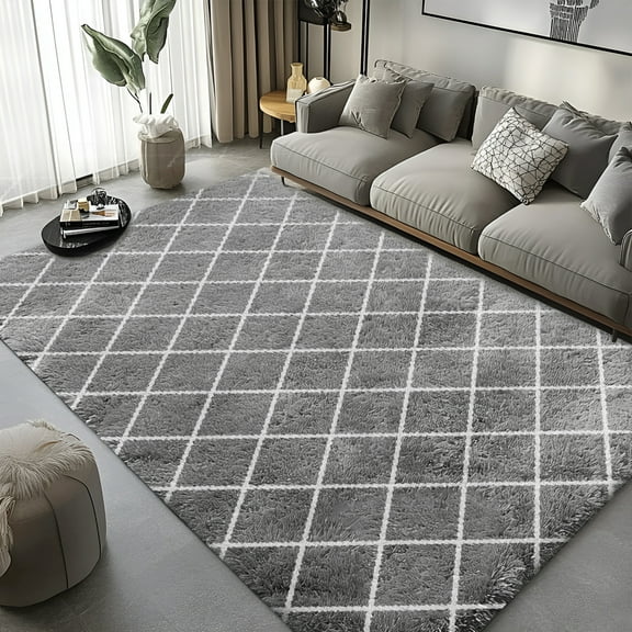Pentantan 5ft x 8ft Shag Area Rugs for Living Room, Modern Grid Fluffy Bedroom Carpet, Gray & White
