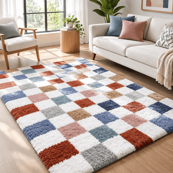 Colorful Tile Rug Shag Area Rug For Bedroom Living Room 4x6 Fsoft Colorful Checkered ...