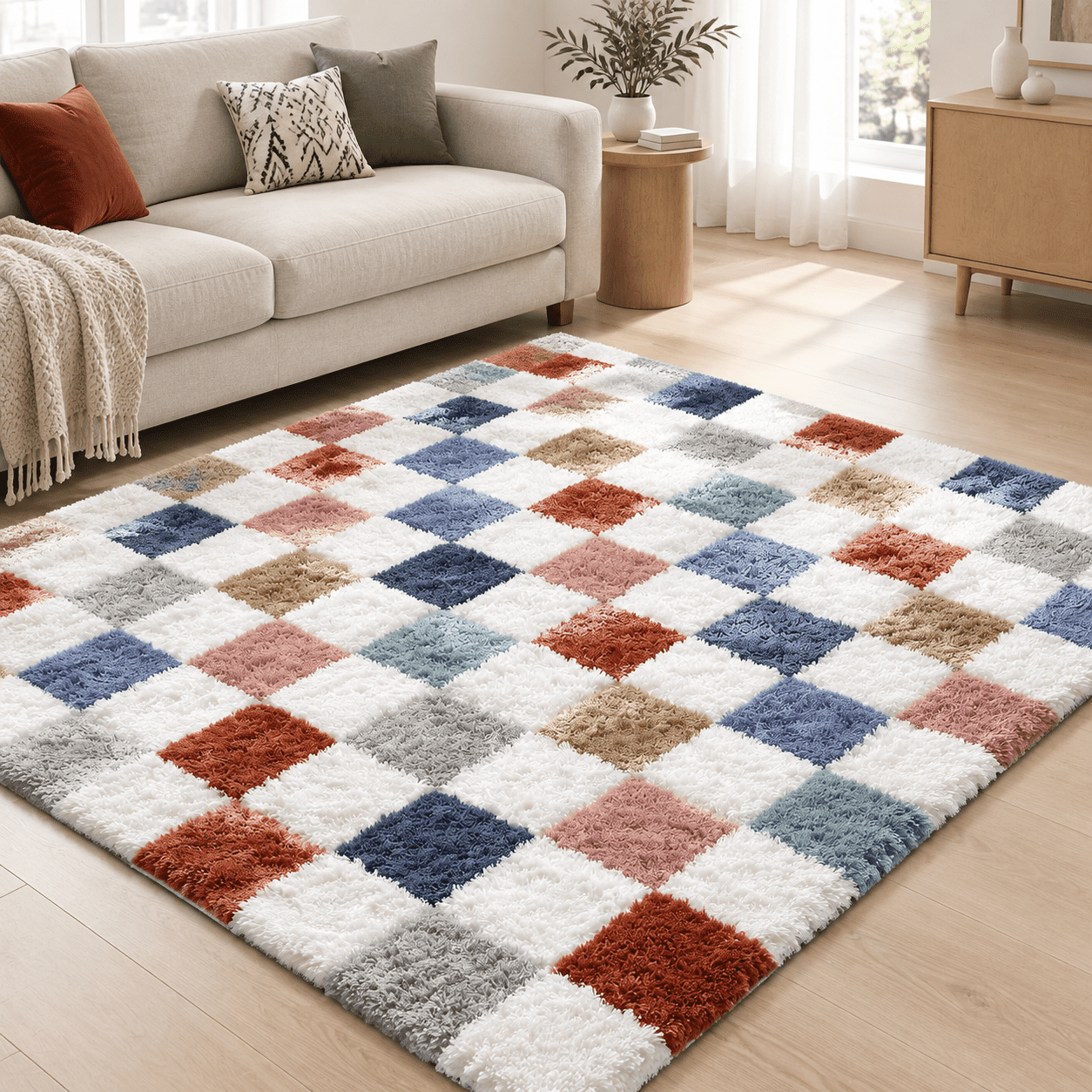 Colorful Checker Rug Shag Area Rug For Bedroom Living Room 5x8 Fsoft Colorful Checkered ...