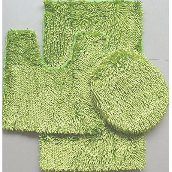 Shag Bath Rug, Contour Rug and Lid Cover Set, 3 Piece Set, Green, Machine Washable