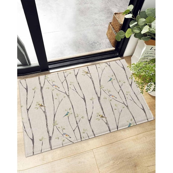 Shag Bath Rugs Bird on Branch Green Leaves Plush Soft Fluffy Doormat Floor Carpet,Non-Slip Living Room Bedroom Kitchen Entryway Door Mats Vintage Linen