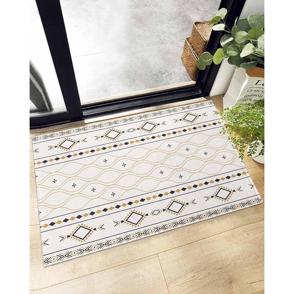 Shag Bath Rugs Boho Ethnic Geometric Pattern Plush Soft Fluffy Doormat Floor Carpet,Non-Slip Living Room Bedroom Kitchen Entryway Door Mats Retro Farmhouse Yellow Black Khaki