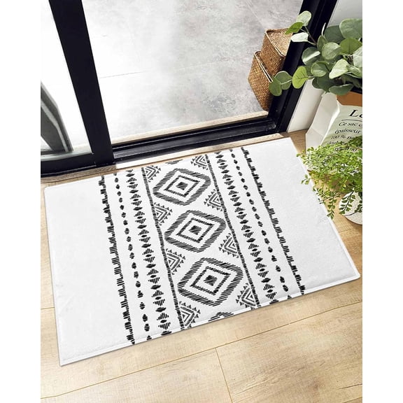 Shag Bath Rugs Boho Retro Black Geometric Pattern Plush Soft Fluffy Doormat Floor Carpet,Non-Slip Living Room Bedroom Kitchen Entryway Door Mats Tribal Stripes on White