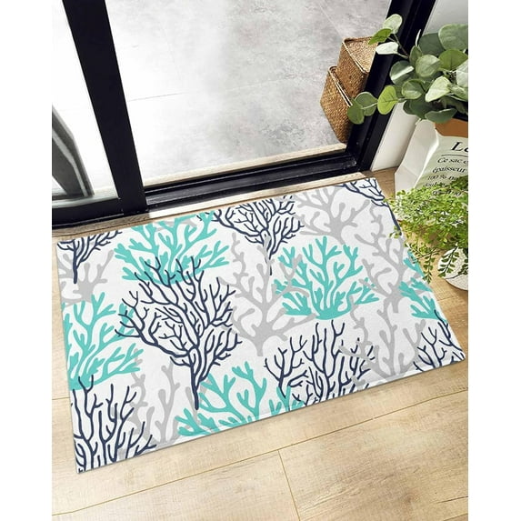 Shag Bath Rugs Coastal Coral Summer Ocean Nautical Plush Soft Fluffy Doormat Floor Carpet,Non-Slip Living Room Bedroom Kitchen Entryway Door Mats Navy Blue Gray Teal