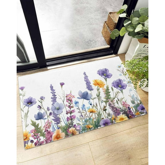 Shag Bath Rugs Daisy Lavender Pastoral Floral Plush Soft Fluffy Doormat Floor Carpet,Non-Slip Living Room Bedroom Kitchen Entryway Door Mats Summer Botanical on White