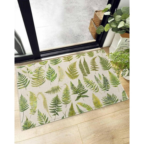 Shag Bath Rugs Green Fern Summer Botanical Leaves Plush Soft Fluffy Doormat Floor Carpet,Non-Slip Living Room Bedroom Kitchen Entryway Door Mats Pastoral Plant Vintage Linen