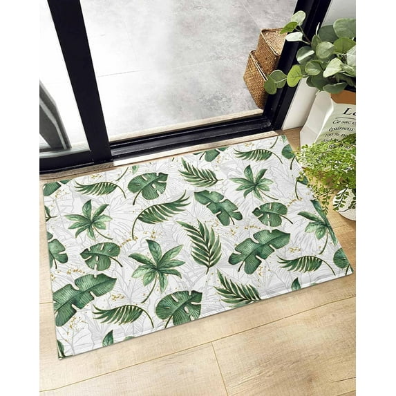 Shag Bath Rugs Green Monstera Palm Leaves Seamless Plush Soft Fluffy Doormat Floor Carpet,Non-Slip Living Room Bedroom Kitchen Entryway Door Mats Summer Tropical Plant