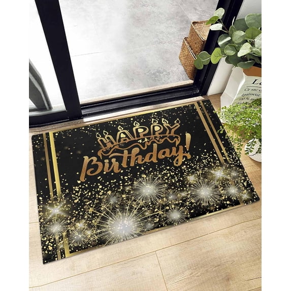 Shag Bath Rugs Happy Birthday Black Gold Style Plush Soft Fluffy Doormat Floor Carpet,Non-Slip Living Room Bedroom Kitchen Entryway Door Mats Cake Shining Fireworks