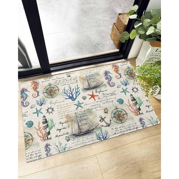 Shag Bath Rugs Nautical Retro Boat Compass Plush Soft Fluffy Doormat Floor Carpet,Non-Slip Living Room Bedroom Kitchen Entryway Door Mats Seahorse Coral Vintage Linen