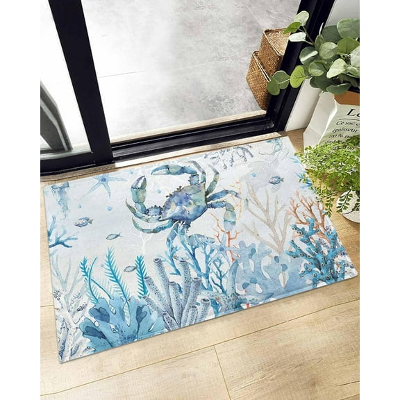 Shag Bath Rugs Ocean Crab Coastal Coral Blue Gradient Plush Soft Fluffy Doormat Floor Carpet,Non-Slip Living Room Bedroom Kitchen Entryway Door Mats Summer Nautical Theme