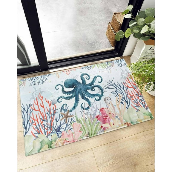 Shag Bath Rugs Ocean Octopus Coastal Coral Summer Beach Plush Soft Fluffy Doormat Floor Carpet,Non-Slip Living Room Bedroom Kitchen Entryway Door Mats Blue Gradient