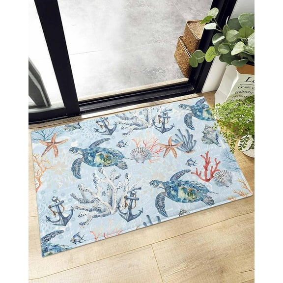 Shag Bath Rugs Ocean Sea Turtle Coral Seamless Plush Soft Fluffy Doormat Floor Carpet,Non-Slip Living Room Bedroom Kitchen Entryway Door Mats Coastal Beach Coral Seashell Blue