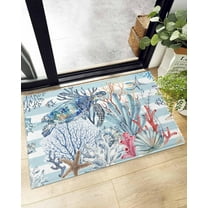 Shag Bath Rugs Ocean Sea Turtle Coral Summer Nautical Coastal Plush Soft Fluffy Doormat Floor Carpet,Non-Slip Living Room Bedroom Kitchen Entryway Door Mats Beach Shell Blue Stripes