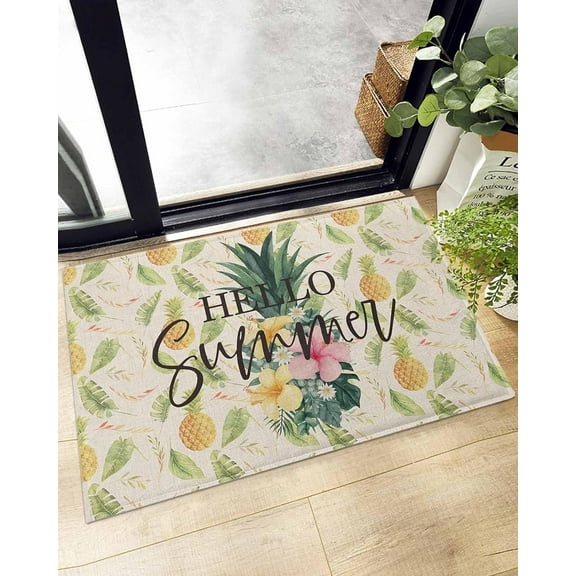 Shag Bath Rugs Pineapple Floral Summer Fruit Plush Soft Fluffy Doormat Floor Carpet,Non-Slip Living Room Bedroom Kitchen Entryway Door Mats Monstera Seamless Vintage Linen