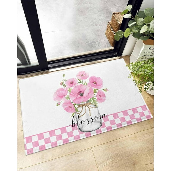Shag Bath Rugs Pink Poppy Flowers in Vase Country Floral Plush Soft Fluffy Doormat Floor Carpet,Non-Slip Living Room Bedroom Kitchen Entryway Door Mats Pastoral White Plaid