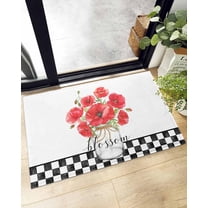 Shag Bath Rugs Red Poppy Flower Watercolor Floral Plush Soft Fluffy Doormat Floor Carpet,Non-Slip Living Room Bedroom Kitchen Entryway Door Mats Farmhouse Black White Plaid