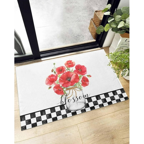 Shag Bath Rugs Red Poppy Flower Watercolor Floral Plush Soft Fluffy Doormat Floor Carpet,Non-Slip Living Room Bedroom Kitchen Entryway Door Mats Farmhouse Black White Plaid