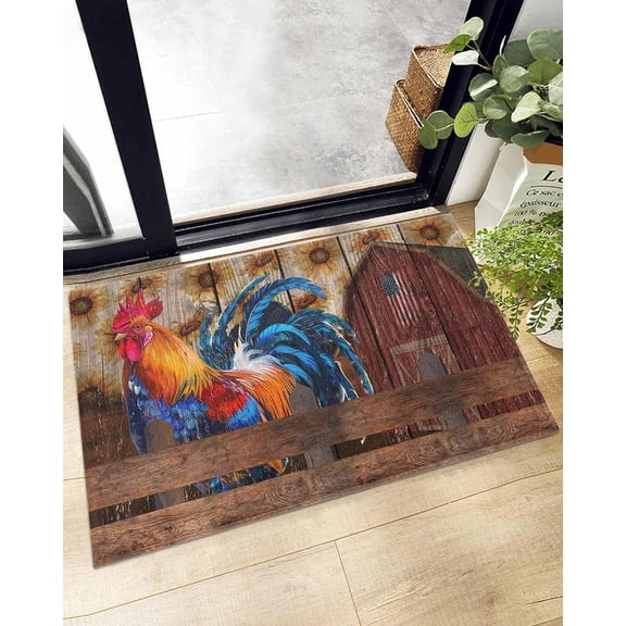 Shag Bath Rugs Rooster Sunflower Farm Animal Plush Soft Fluffy Doormat Floor Carpet,Non-Slip Living Room Bedroom Kitchen Entryway Door Mats Farmhouse Retro Wood Board