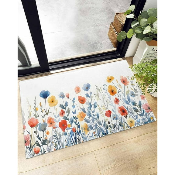 Shag Bath Rugs Summer Botanical Country Floral Plush Soft Fluffy Doormat Floor Carpet,Non-Slip Living Room Bedroom Kitchen Entryway Door Mats Pastoral Flowers on White