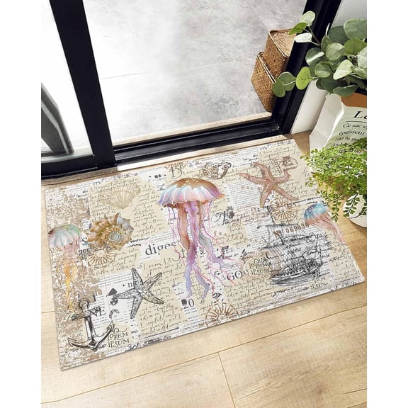 Shag Bath Rugs Summer Nautical Ocean Jellyfish Starfish Plush Soft Fluffy Doormat Floor Carpet,Non-Slip Living Room Bedroom Kitchen Entryway Door Mats Beach Theme Retro Words