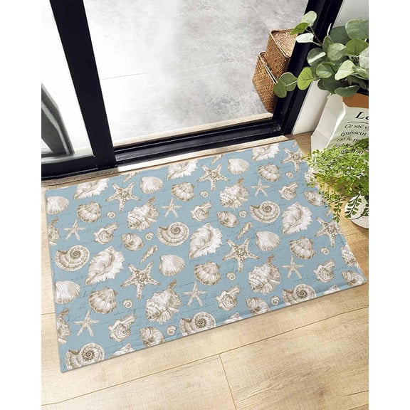 Shag Bath Rugs Summer Ocean Beach Seashells Starfish Plush Soft Fluffy Doormat Floor Carpet,Non-Slip Living Room Bedroom Kitchen Entryway Door Mats Retro Conch Seamless