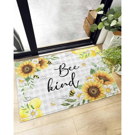 Shag Bath Rugs Sunflowers Daisy Country Flowers Plush Soft Fluffy Doormat Floor Carpet,Non-Slip Living Room Bedroom Kitchen Entryway Door Mats Cute Bees Farmhouse Gray Plaid